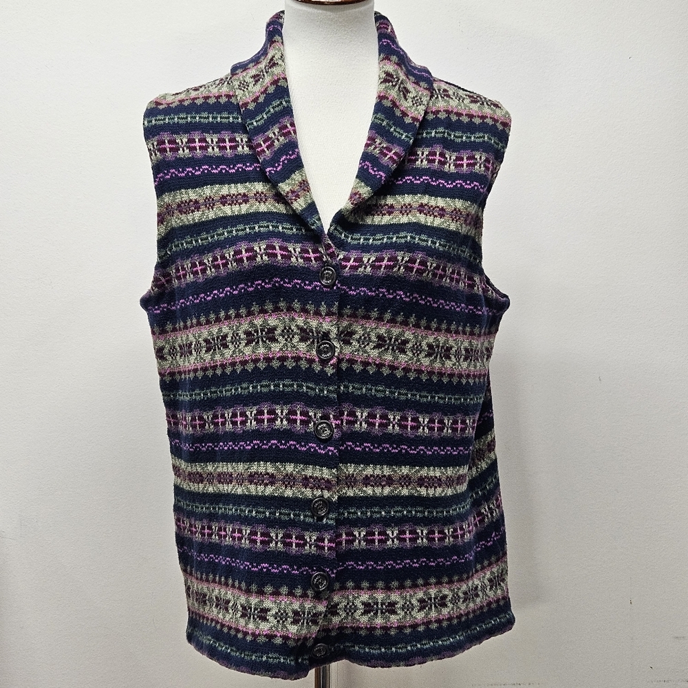 Chaps Denim Fair Isle Sweater Vest Button Front Shawl Collar Sleeveless Size 1X
